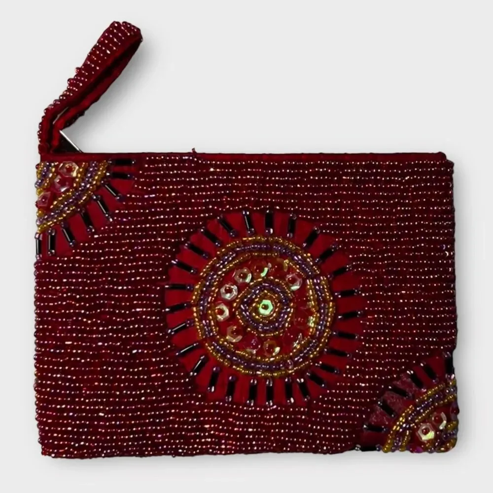 Unbranded Beaded Red Zip Top Satin Inside Clutch Purse Change Purse